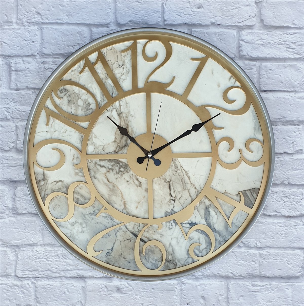 Markakanvas Gri Metal Kasalı Mermer Desenli  Duvar Saati  ( Çap 50 cm -Çap 80 cm )