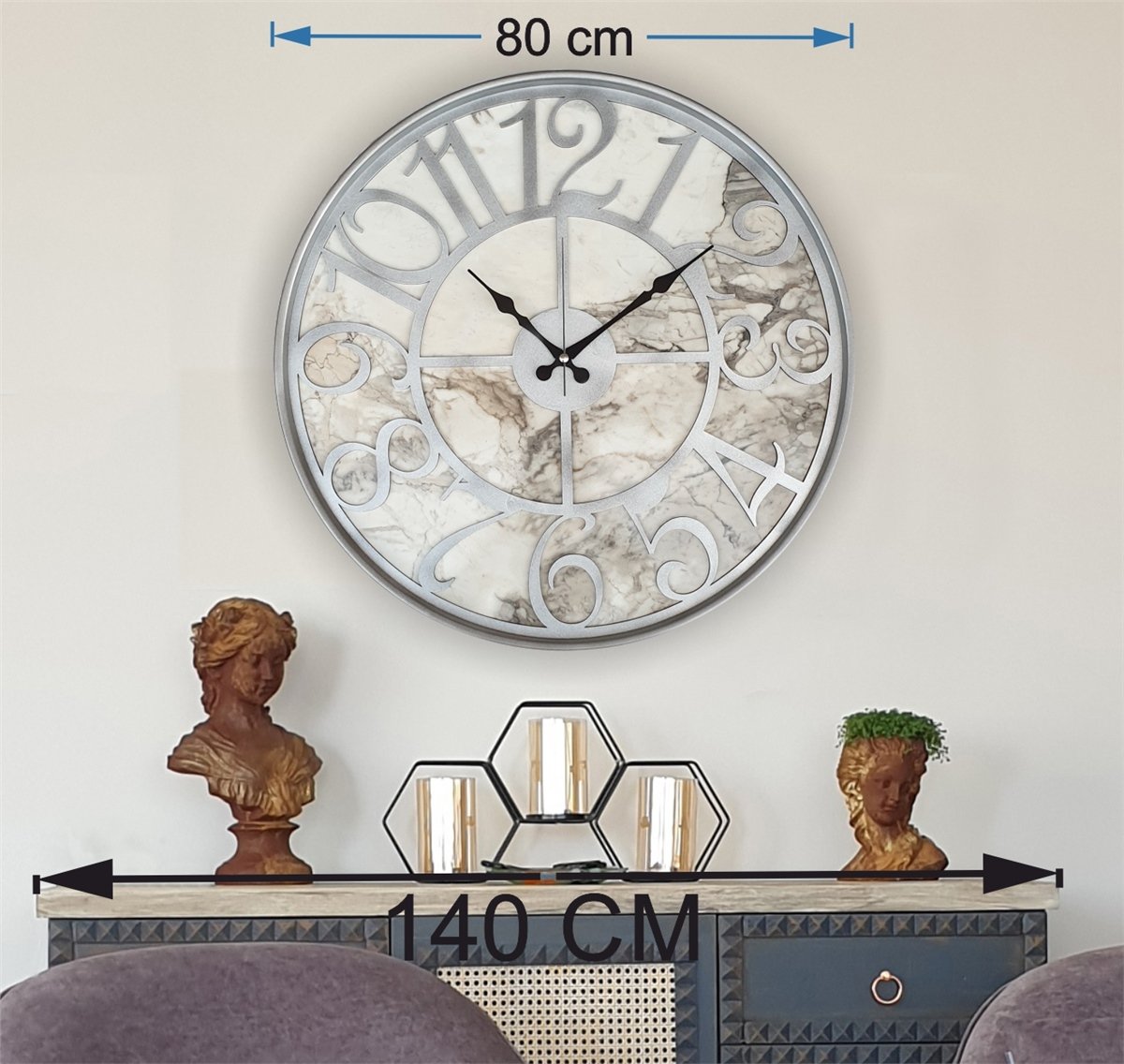 Markakanvas Gri Metal Kasalı Mermer Desenli  Duvar Saati  ( Çap 50 cm -Çap 80 cm )