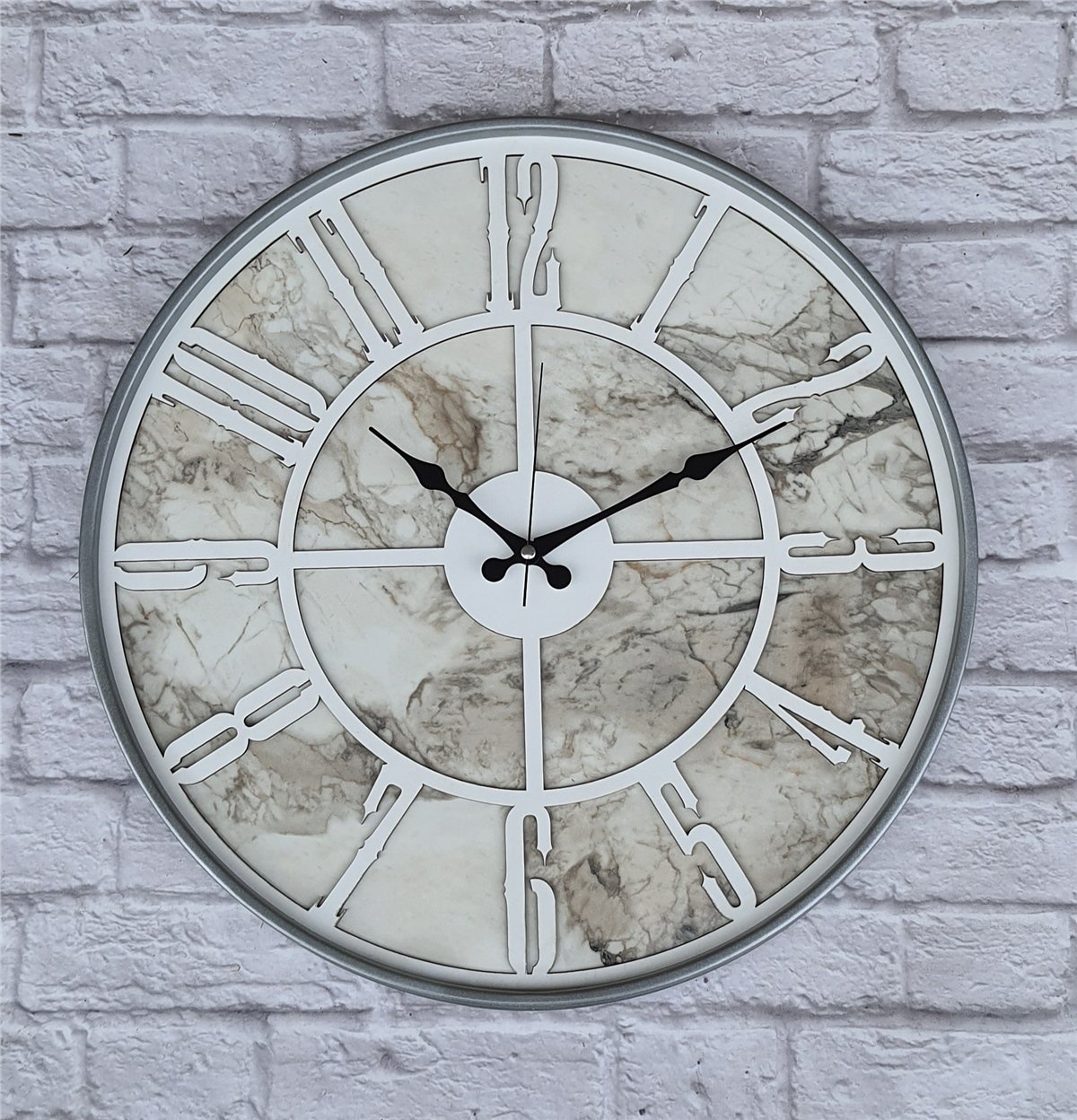 Markakanvas Gri Metal Kasalı Mermer Desenli  Duvar Saati  ( Çap 50 cm -Çap 80 cm )
