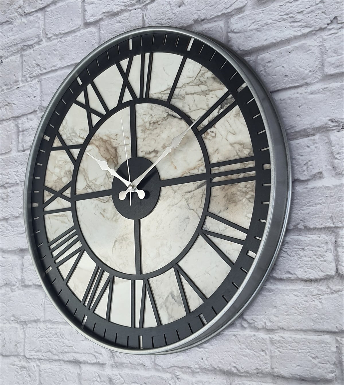 Markakanvas Gri Metal Kasalı Mermer Desenli  Duvar Saati  ( Çap 50 cm -Çap 80 cm )