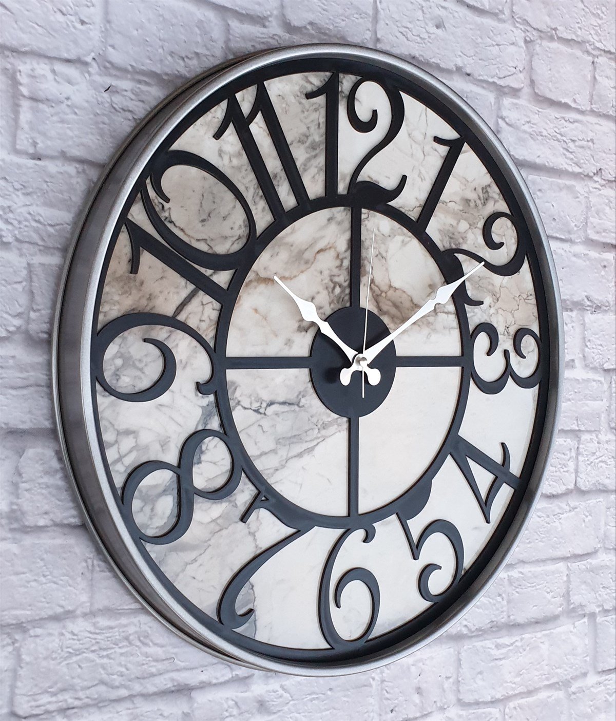 Markakanvas Gri Metal Kasalı Mermer Desenli  Duvar Saati  ( Çap 50 cm -Çap 80 cm )
