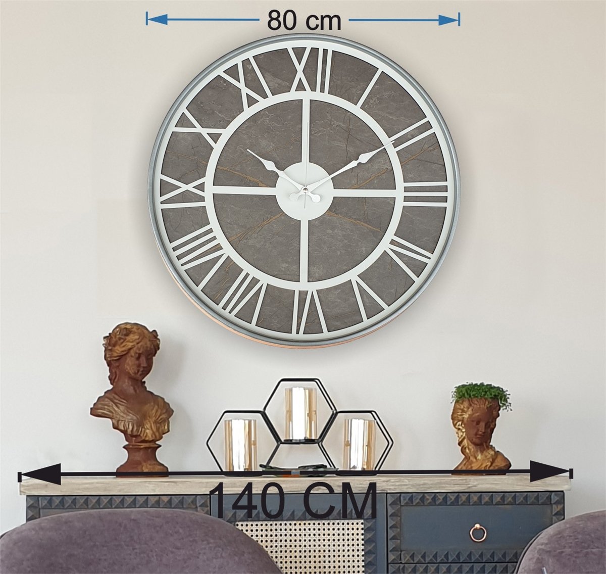 Markakanvas Gri Metal Kasalı Mermer Desenli Duvar Saati Çap 50 - 80 cm