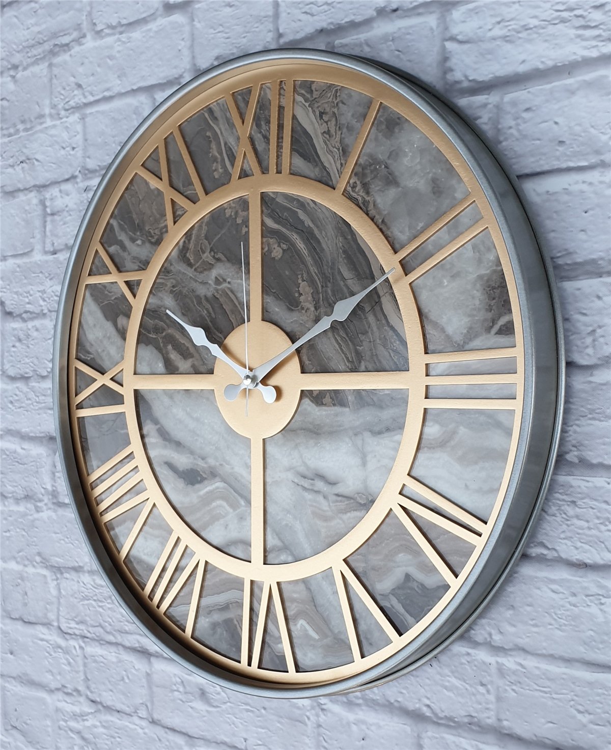 Markakanvas Gri Metal Kasalı Mermer Desenli Duvar Saati Çap 50 - 80 cm