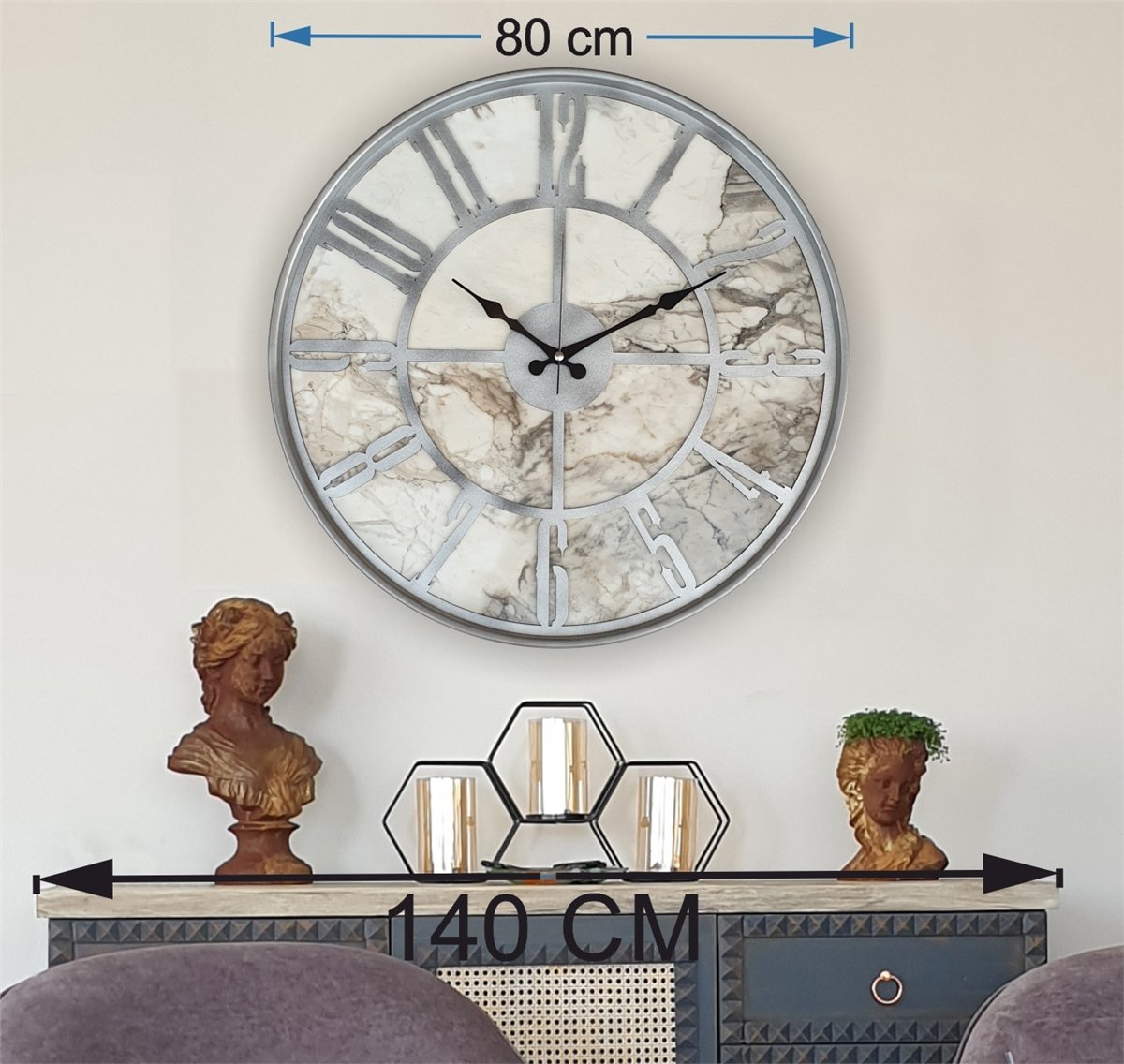 Markakanvas Gri Metal Kasalı Mermer Desenli  Duvar Saati  ( Çap 50 cm -Çap 80 cm )