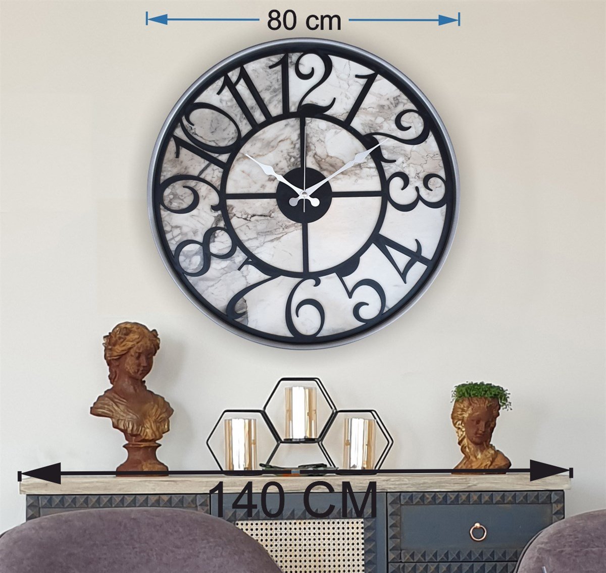 Markakanvas Gri Metal Kasalı Mermer Desenli  Duvar Saati  ( Çap 50 cm -Çap 80 cm )