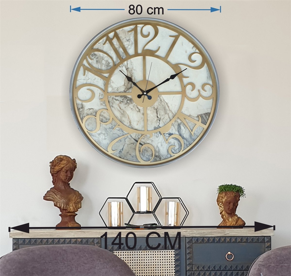 Markakanvas Gri Metal Kasalı Mermer Desenli  Duvar Saati  ( Çap 50 cm -Çap 80 cm )