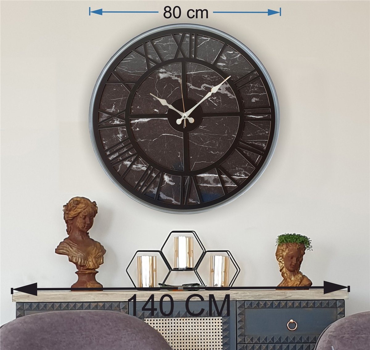 Markakanvas Gri Metal Kasalı Mermer Desenli Duvar Saati Çap 50 - 80 cm