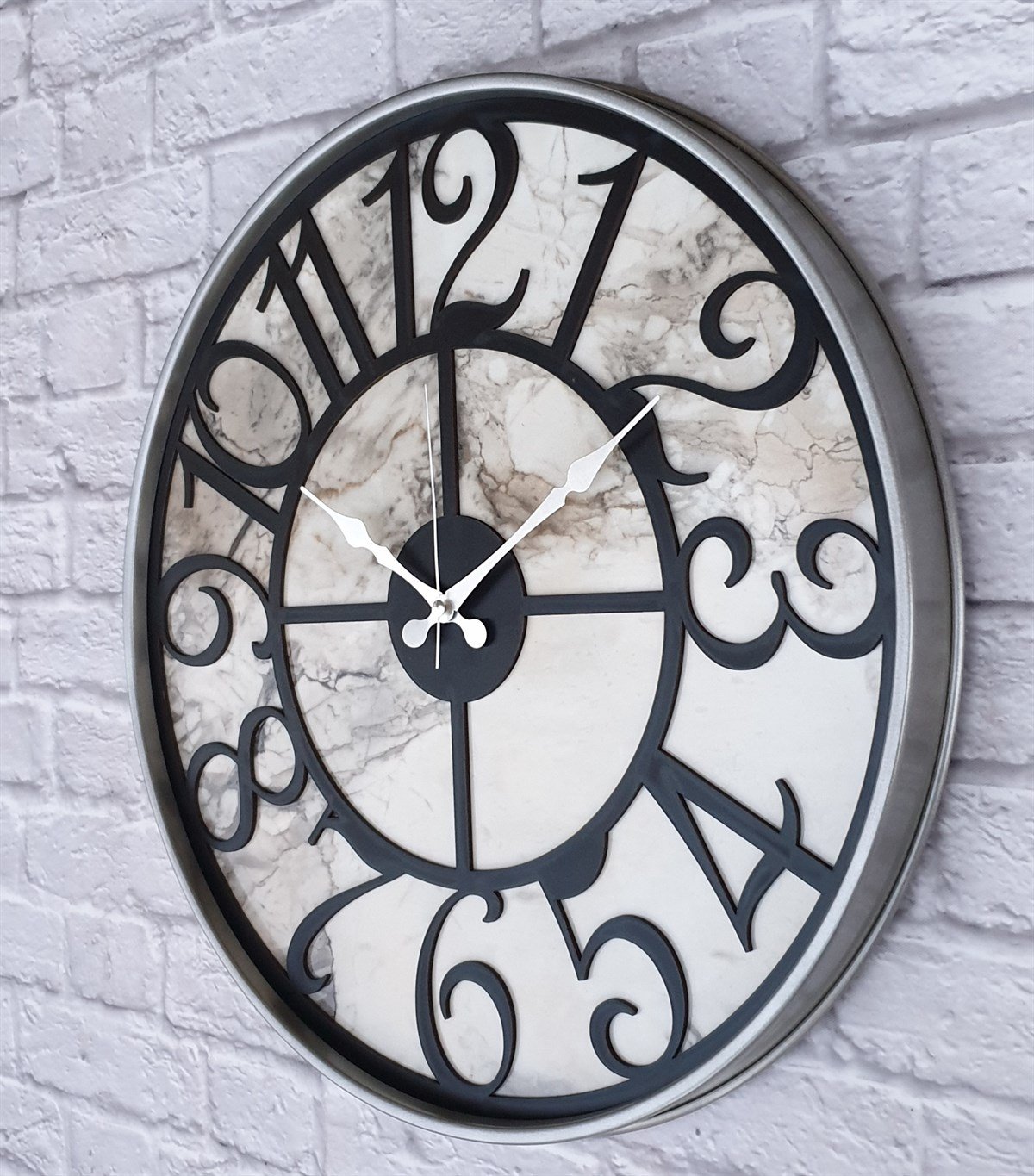 Markakanvas Gri Metal Kasalı Mermer Desenli  Duvar Saati  ( Çap 50 cm -Çap 80 cm )