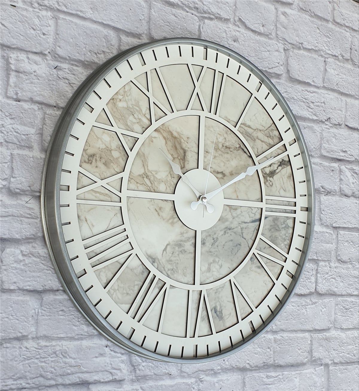 Markakanvas Gri Metal Kasalı Mermer Desenli  Duvar Saati  ( Çap 50 cm -Çap 80 cm )