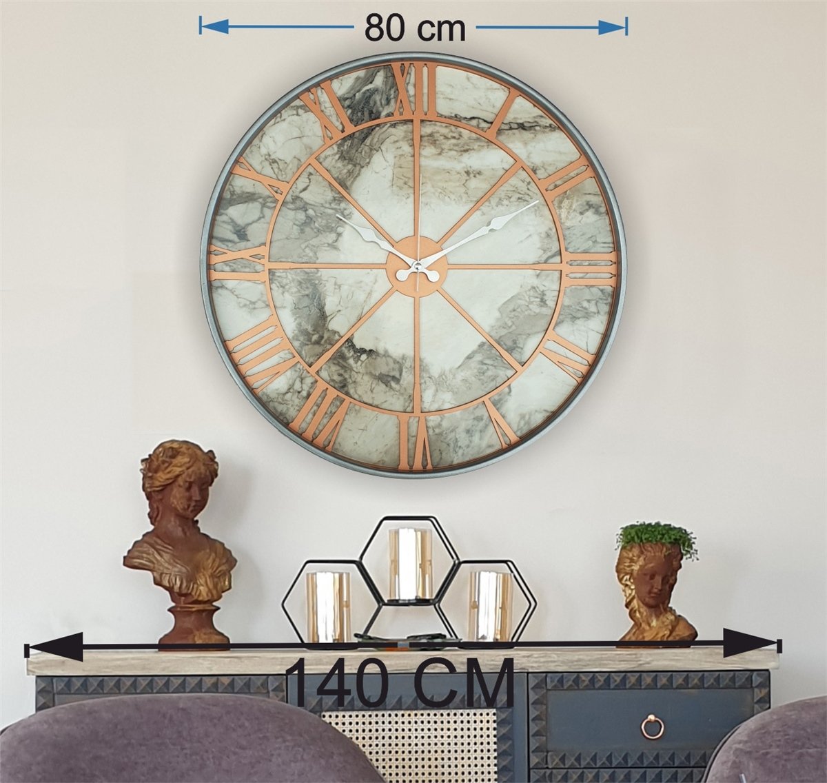 Markakanvas Gri Metal Kasalı Mermer Desenli  Duvar Saati  ( Çap 50 cm -Çap 80 cm )