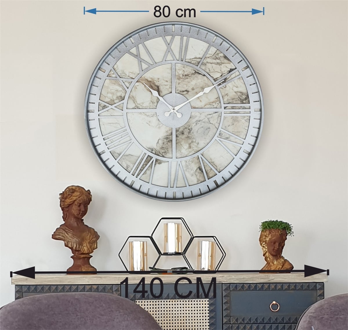 Markakanvas Gri Metal Kasalı Mermer Desenli  Duvar Saati  ( Çap 50 cm -Çap 80 cm )