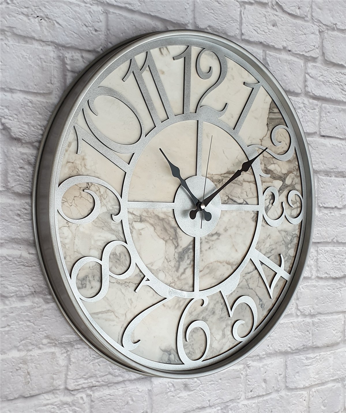 Markakanvas Gri Metal Kasalı Mermer Desenli  Duvar Saati  ( Çap 50 cm -Çap 80 cm )