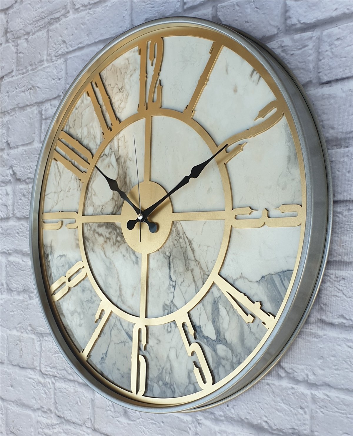 Markakanvas Gri Metal Kasalı Mermer Desenli  Duvar Saati  ( Çap 50 cm -Çap 80 cm )