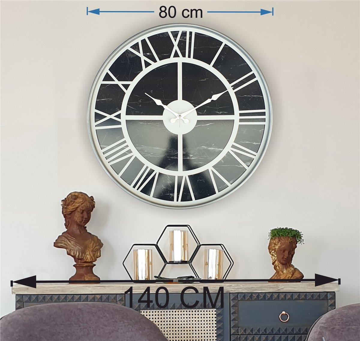 Markakanvas Gri Metal Kasalı Mermer Desenli Duvar Saati Çap 50 - 80 cm