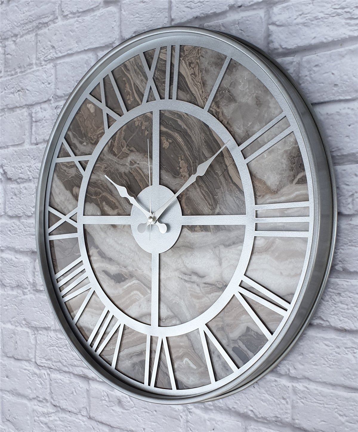 Markakanvas Gri Metal Kasalı Mermer Desenli Duvar Saati Çap 50 - 80 cm