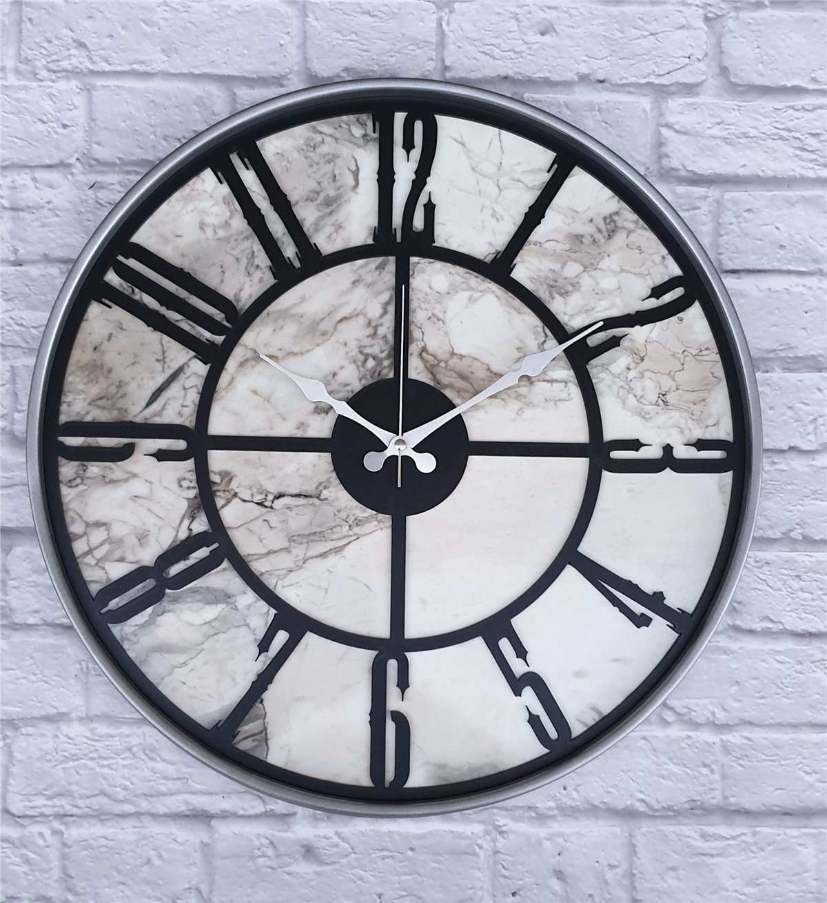 Markakanvas Gri Metal Kasalı Mermer Desenli  Duvar Saati  ( Çap 50 cm -Çap 80 cm )