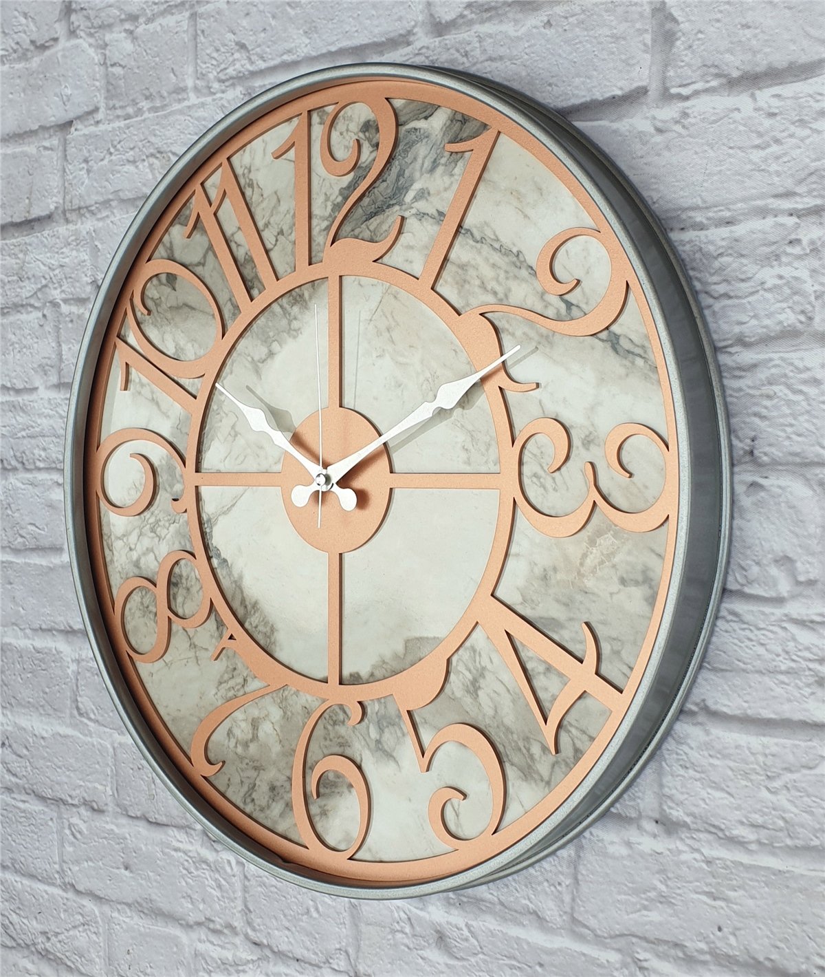 Markakanvas Gri Metal Kasalı Mermer Desenli  Duvar Saati  ( Çap 50 cm -Çap 80 cm )