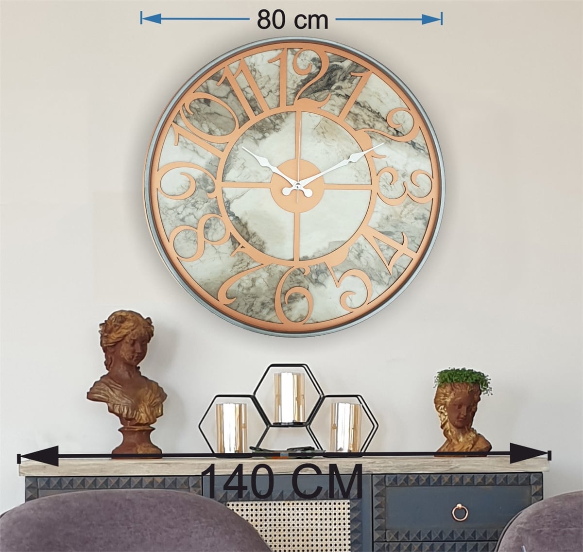 Markakanvas Gri Metal Kasalı Mermer Desenli  Duvar Saati  ( Çap 50 cm -Çap 80 cm )