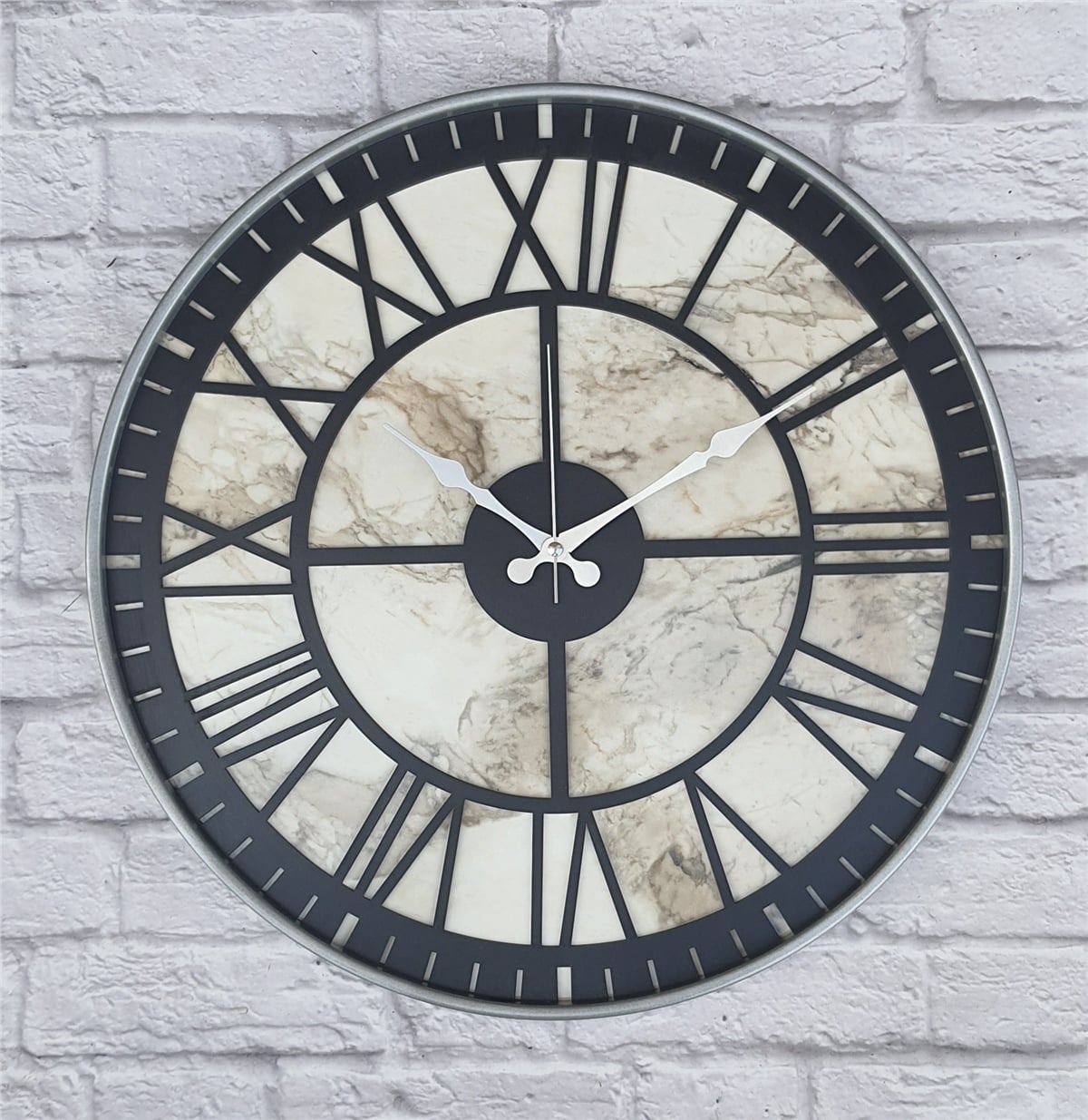 Markakanvas Gri Metal Kasalı Mermer Desenli  Duvar Saati  ( Çap 50 cm -Çap 80 cm )