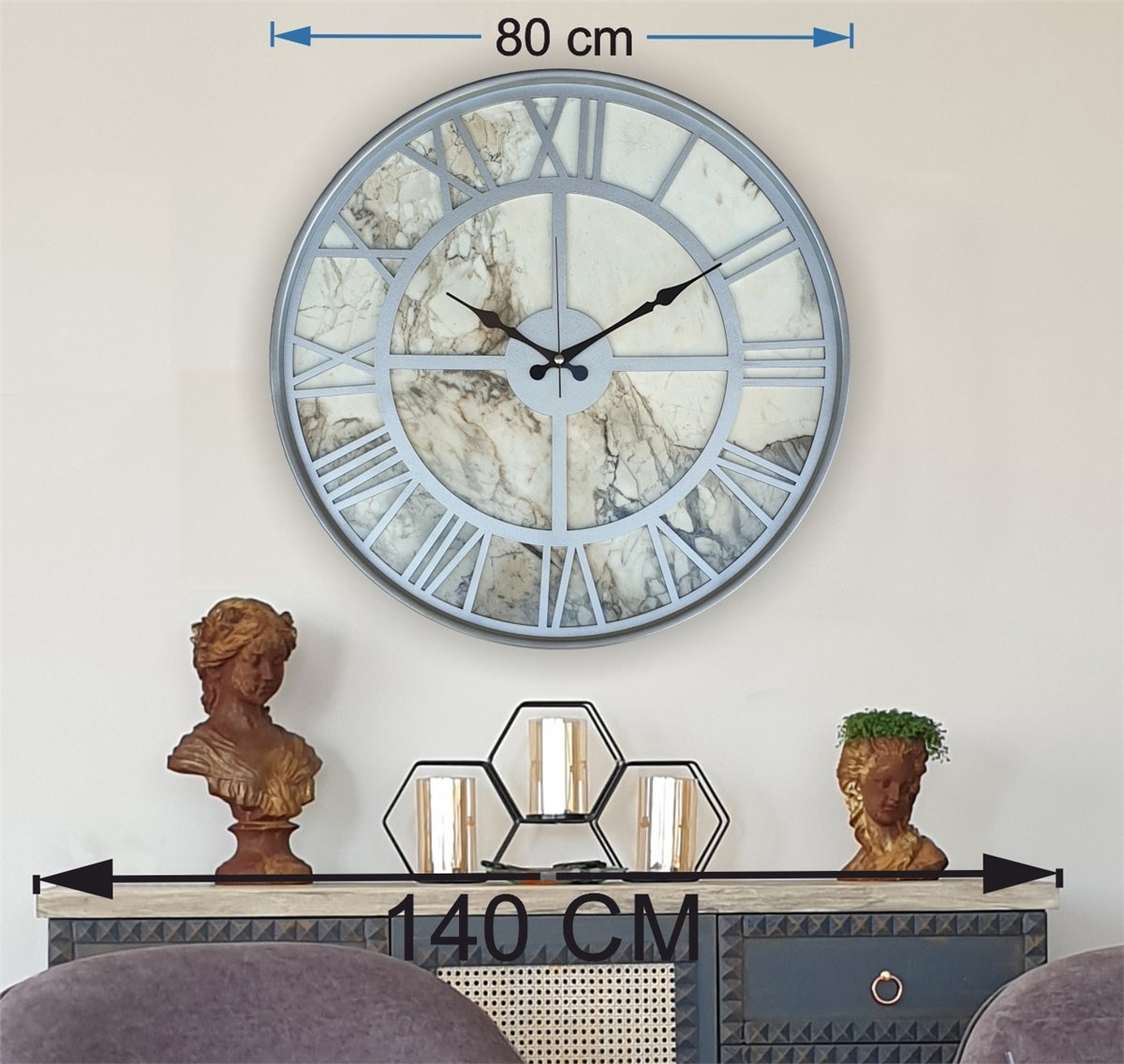 Markakanvas Gri Metal Kasalı Mermer Desenli Duvar Saati Çap 50 - 80 cm