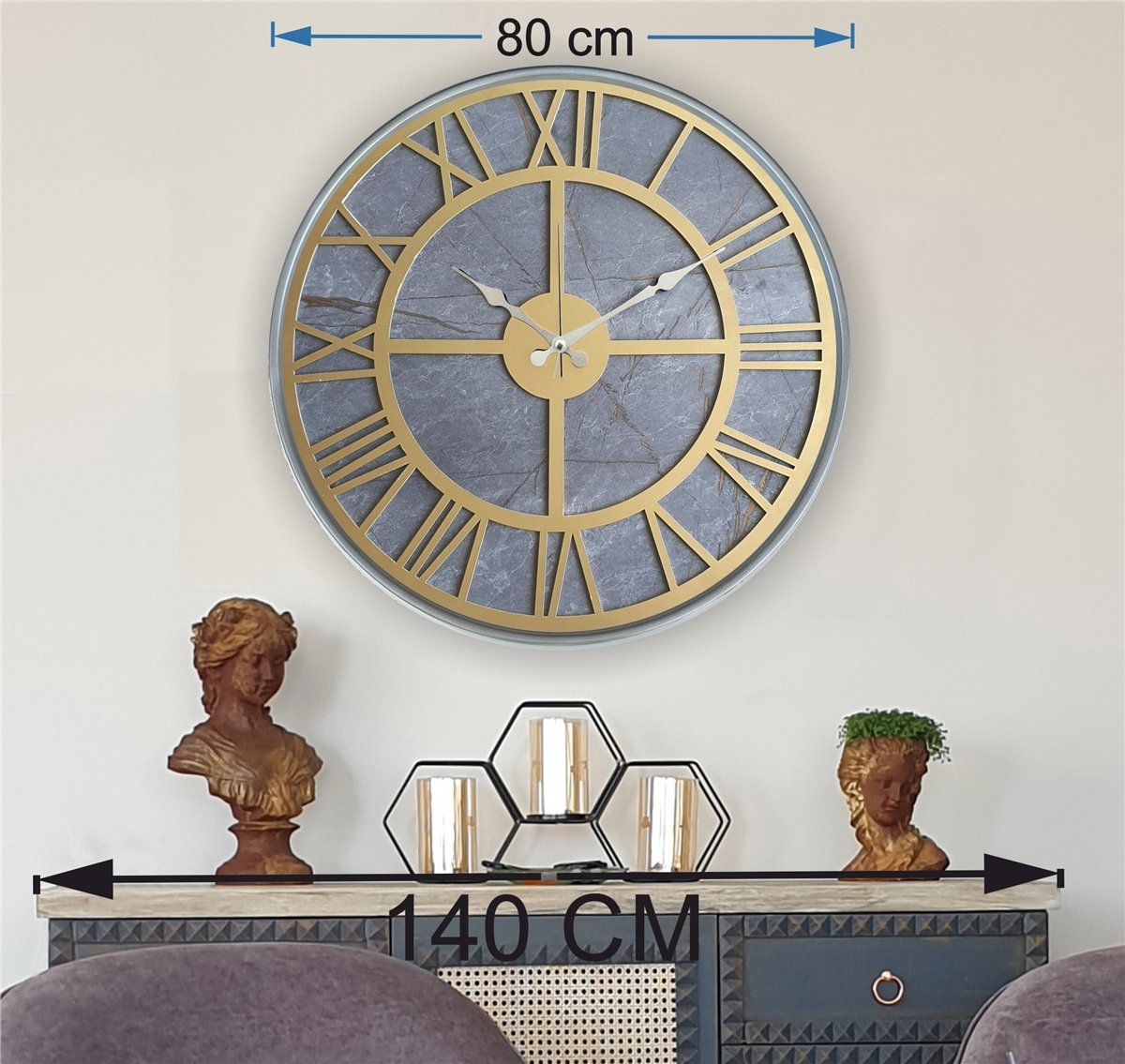 Markakanvas Gri Metal Kasalı Mermer Desenli Duvar Saati Çap 50 - 80 cm