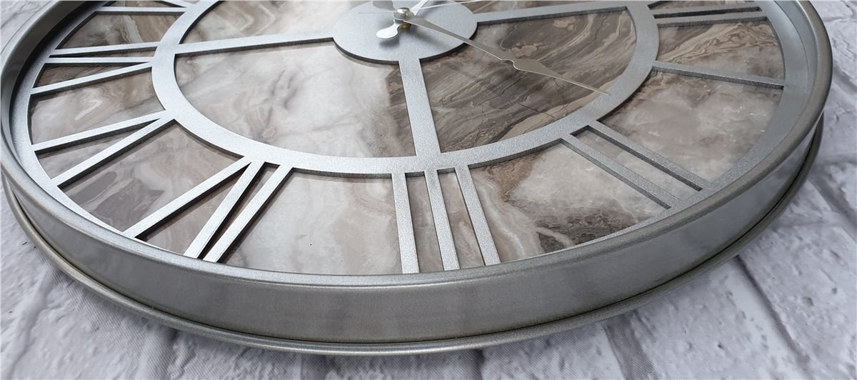 Markakanvas Gri Metal Kasalı Mermer Desenli Duvar Saati Çap 50 - 80 cm