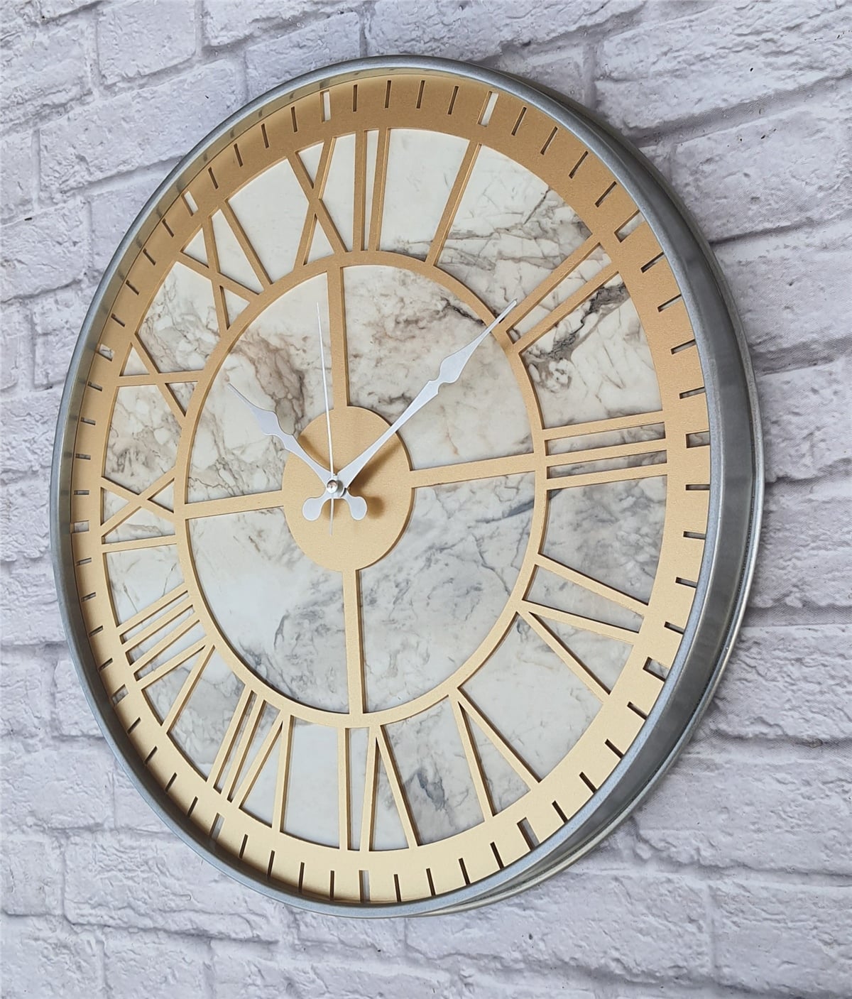 Markakanvas Gri Metal Kasalı Mermer Desenli  Duvar Saati  ( Çap 50 cm -Çap 80 cm )