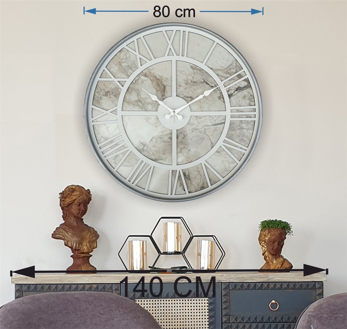 Markakanvas Gri Metal Kasalı Mermer Desenli Duvar Saati Çap 50 - 80 cm