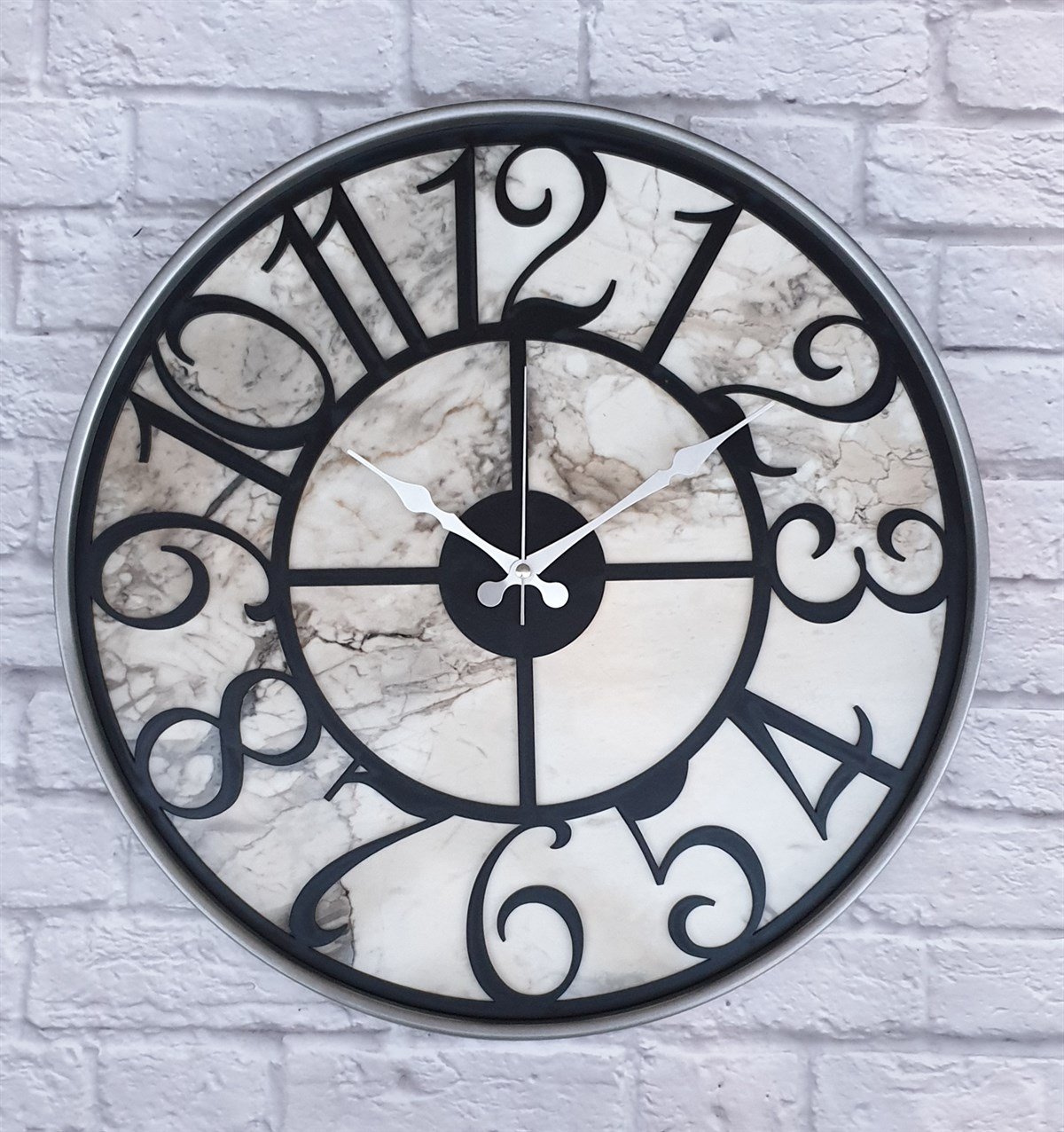 Markakanvas Gri Metal Kasalı Mermer Desenli  Duvar Saati  ( Çap 50 cm -Çap 80 cm )