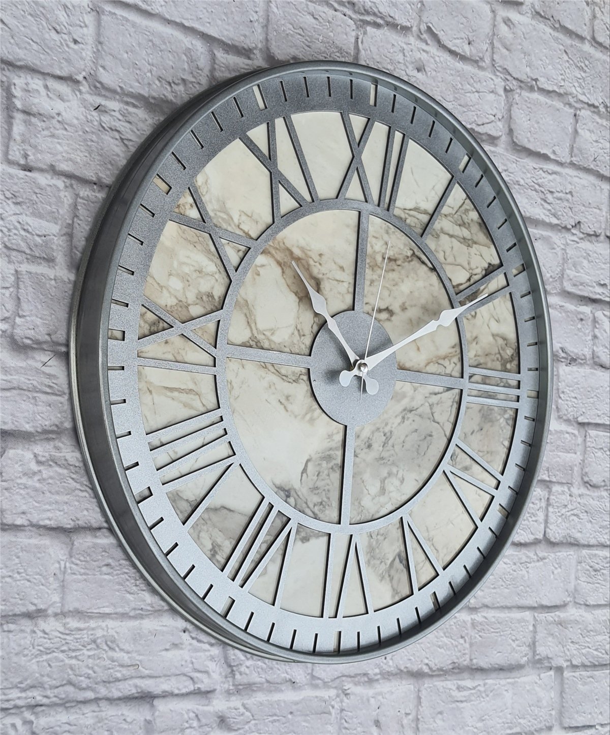 Markakanvas Gri Metal Kasalı Mermer Desenli  Duvar Saati  ( Çap 50 cm -Çap 80 cm )