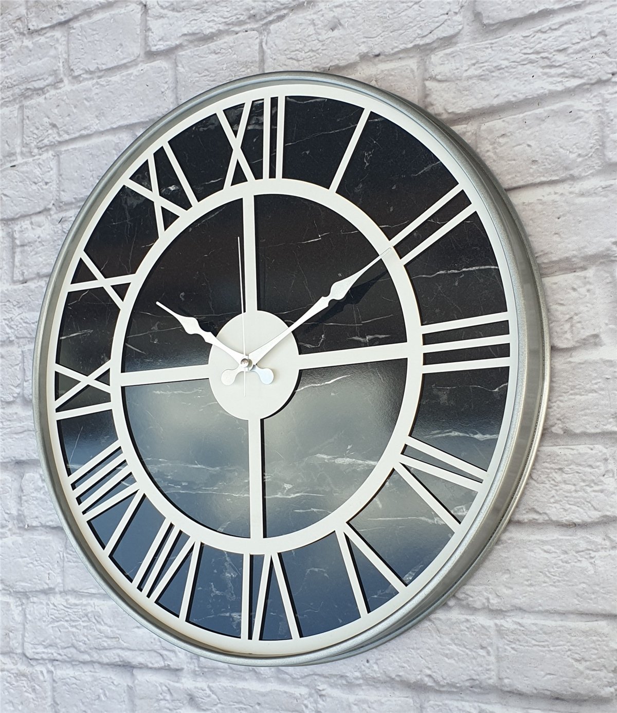 Markakanvas Gri Metal Kasalı Mermer Desenli Duvar Saati Çap 50 - 80 cm