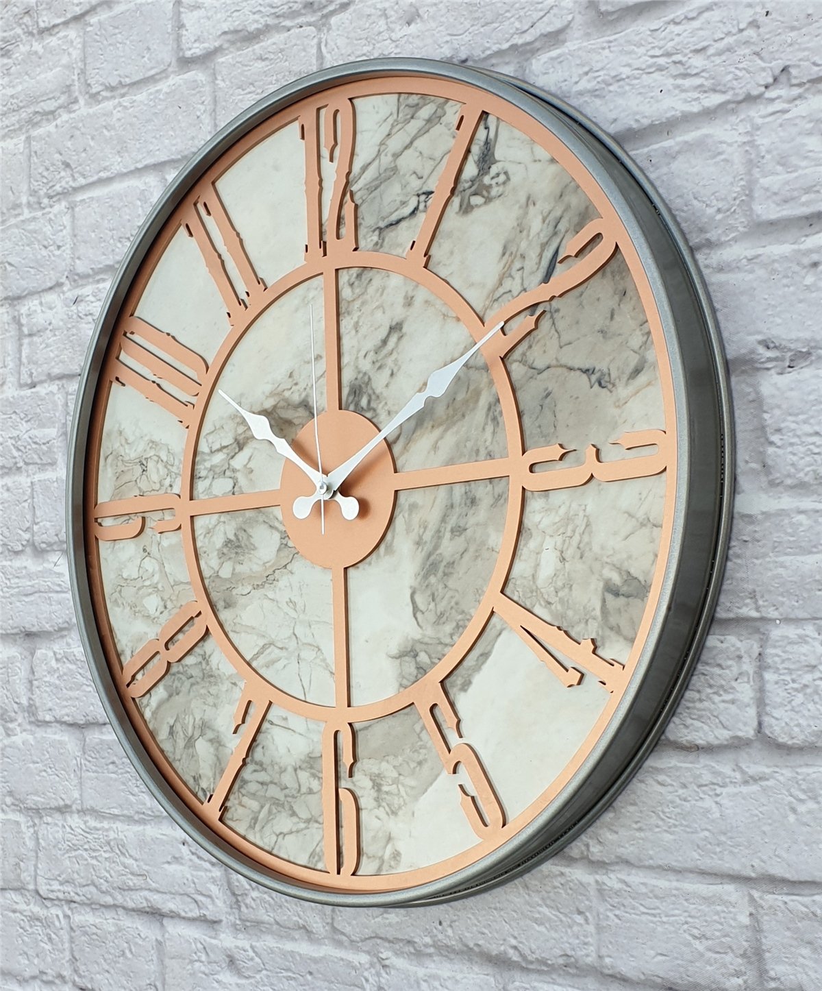 Markakanvas Gri Metal Kasalı Mermer Desenli  Duvar Saati  ( Çap 50 cm -Çap 80 cm )