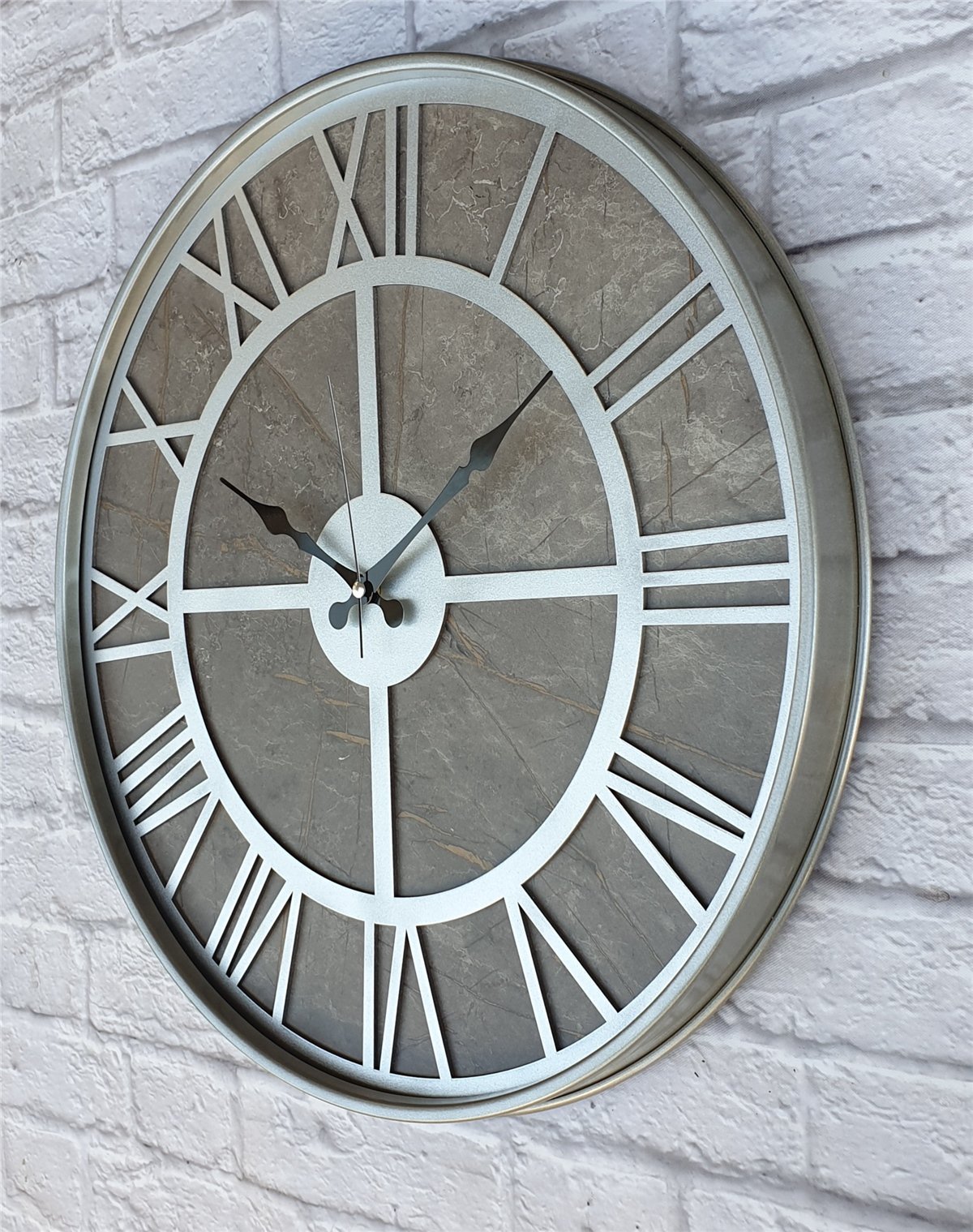 Markakanvas Gri Metal Kasalı Mermer Desenli Duvar Saati Çap 50 - 80 cm