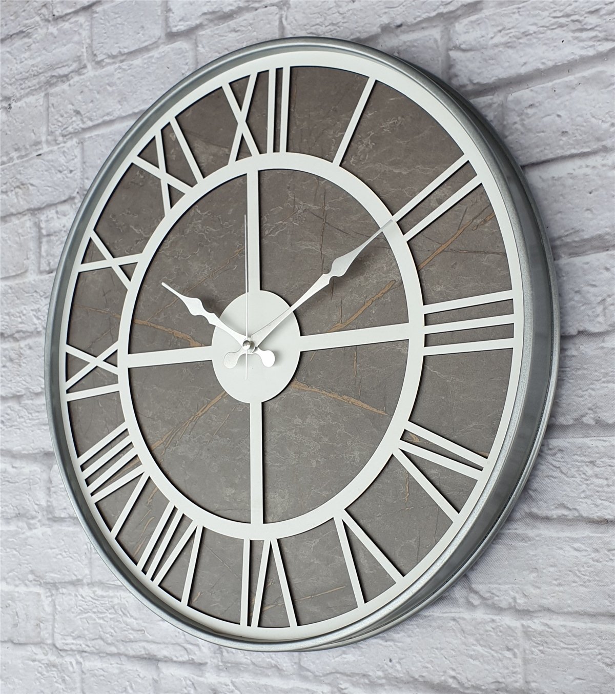 Markakanvas Gri Metal Kasalı Mermer Desenli Duvar Saati Çap 50 - 80 cm
