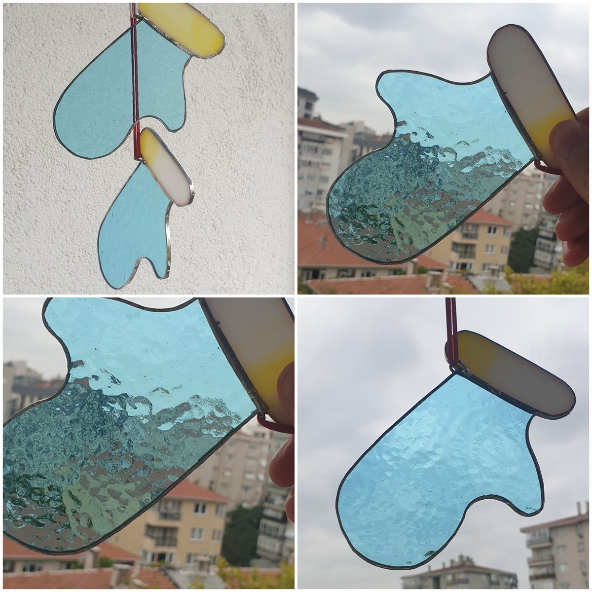 Markakanvas Mavi,Beyaz Yılbaşı Eldiveni cam vitray 13x8cm 