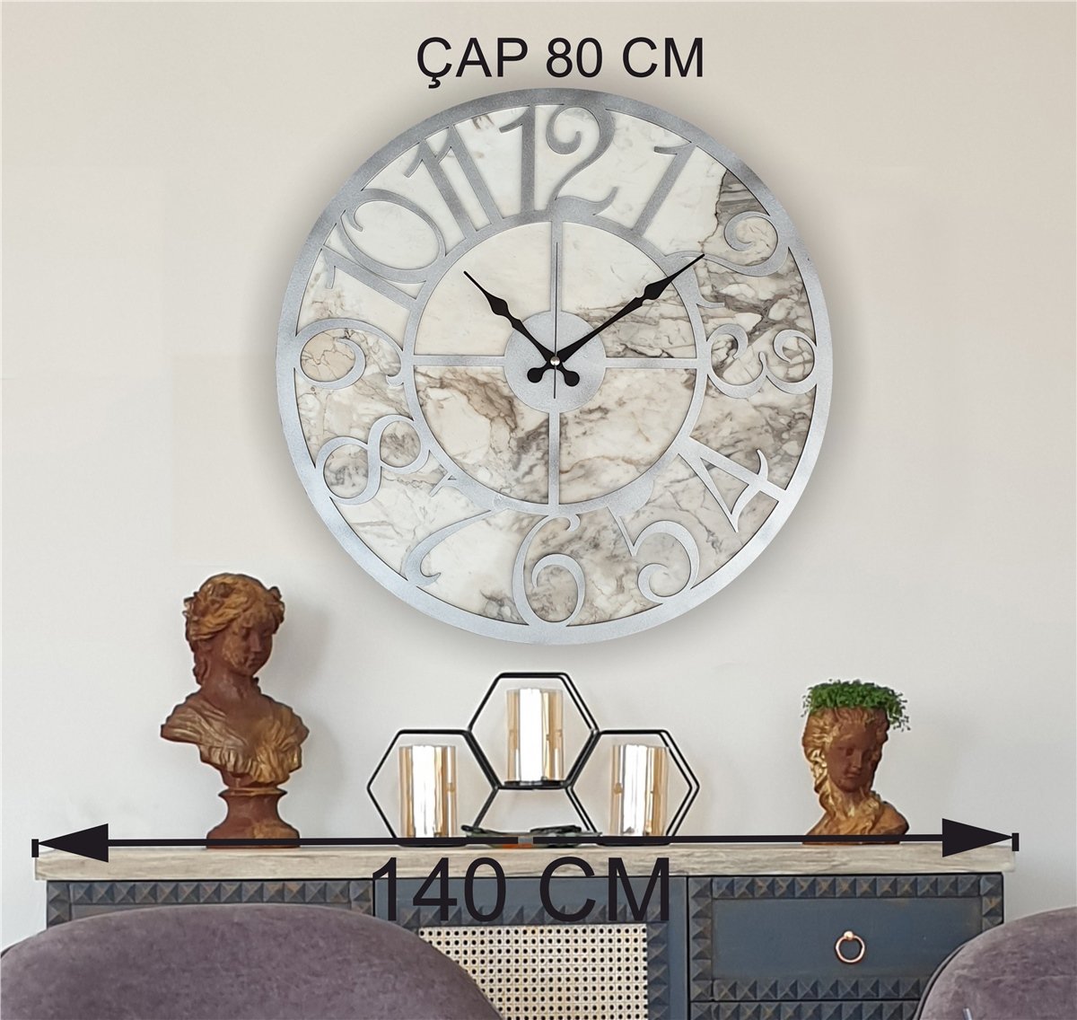 Markakanvas Mermer Desenli  Duvar Saati  Çap 50 cm-Çap 80 cm