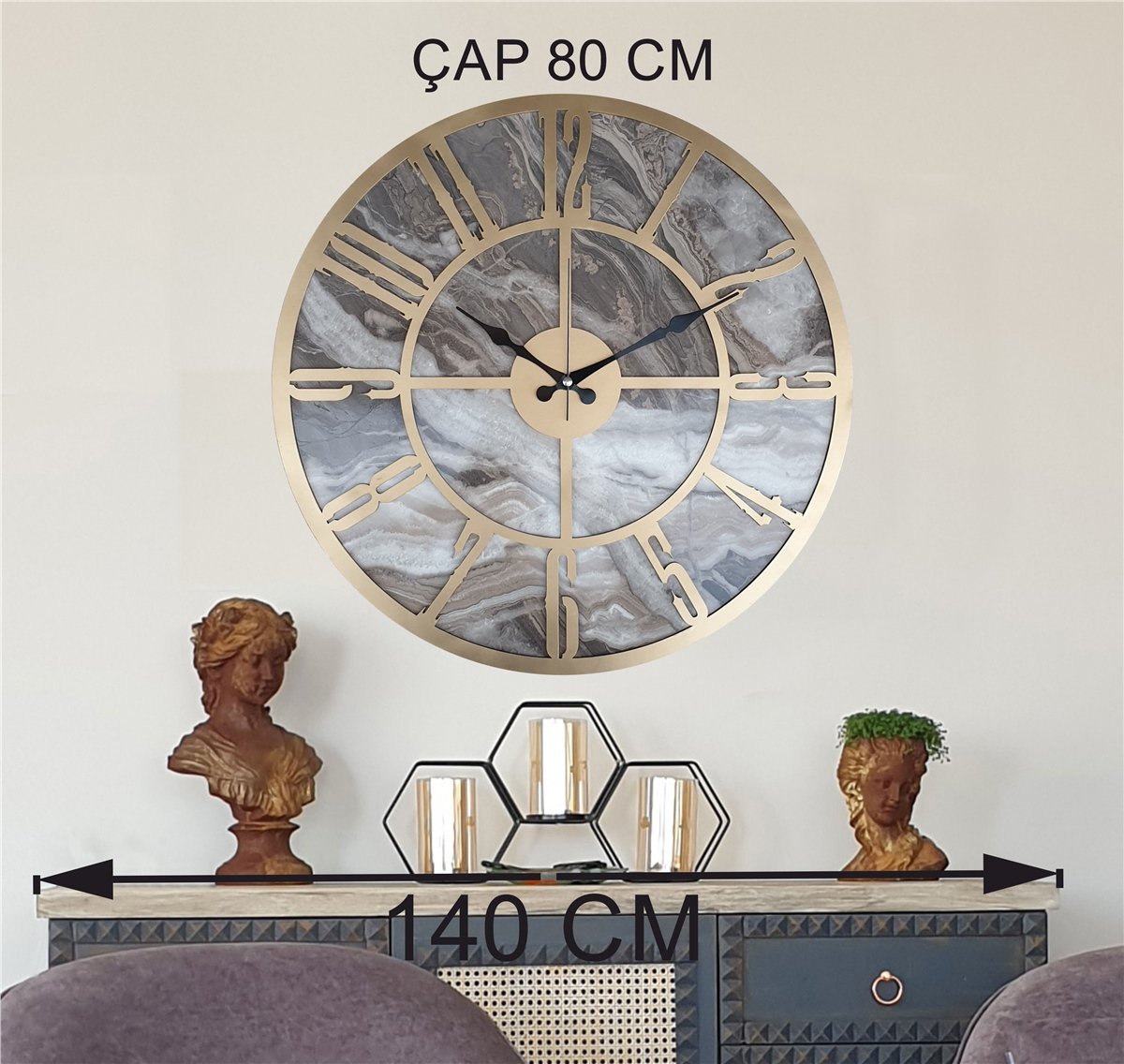 Markakanvas Mermer Desenli  Duvar Saati  Çap 50 cm-Çap 80 cm