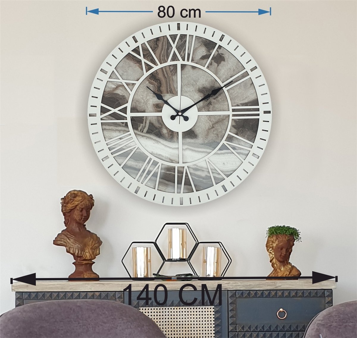 Markakanvas Mermer Desenli  Duvar Saati  Çap 50 cm-Çap 80 cm