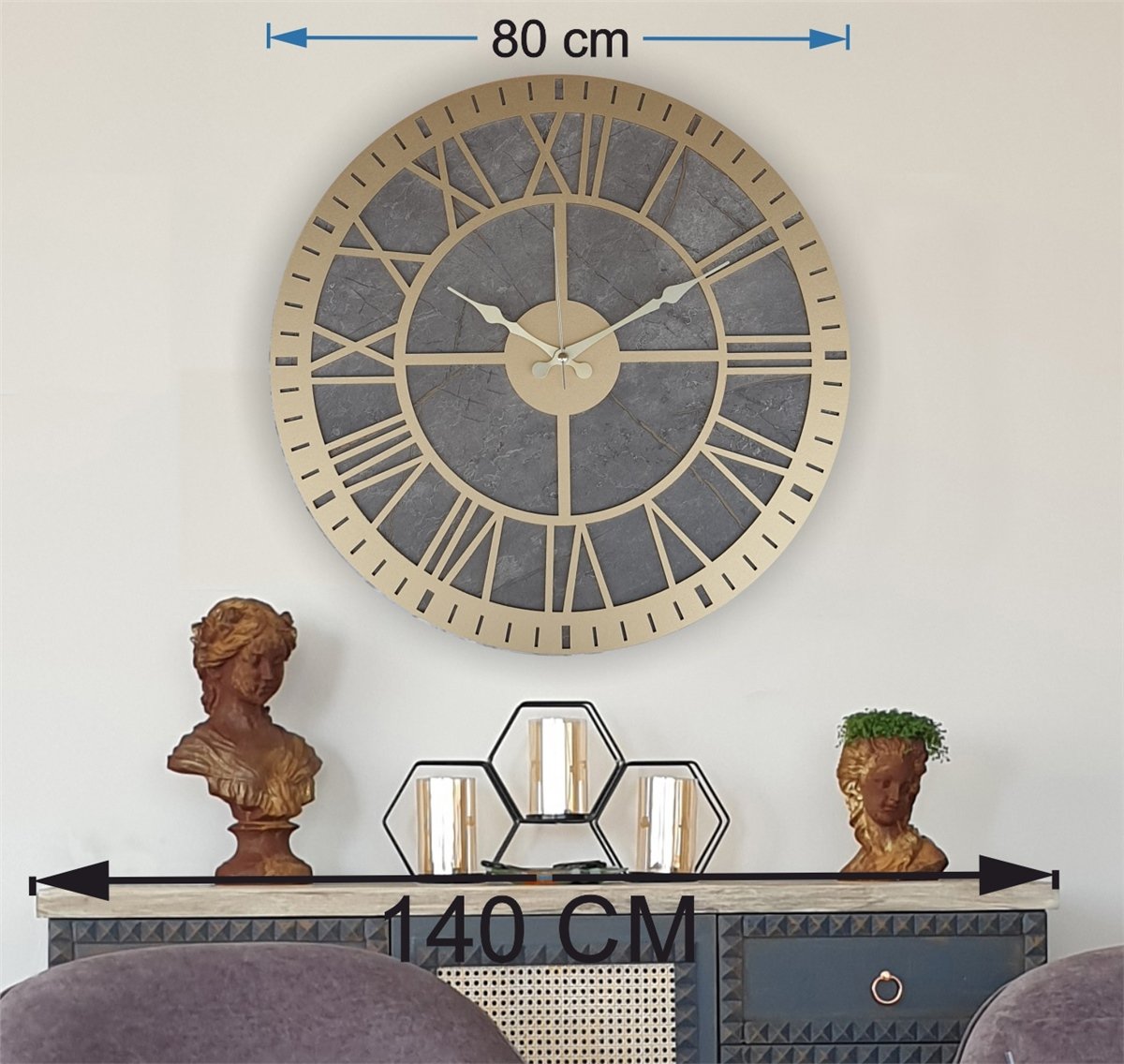 Markakanvas Mermer Desenli  Duvar Saati  Çap 50 cm-Çap 80 cm
