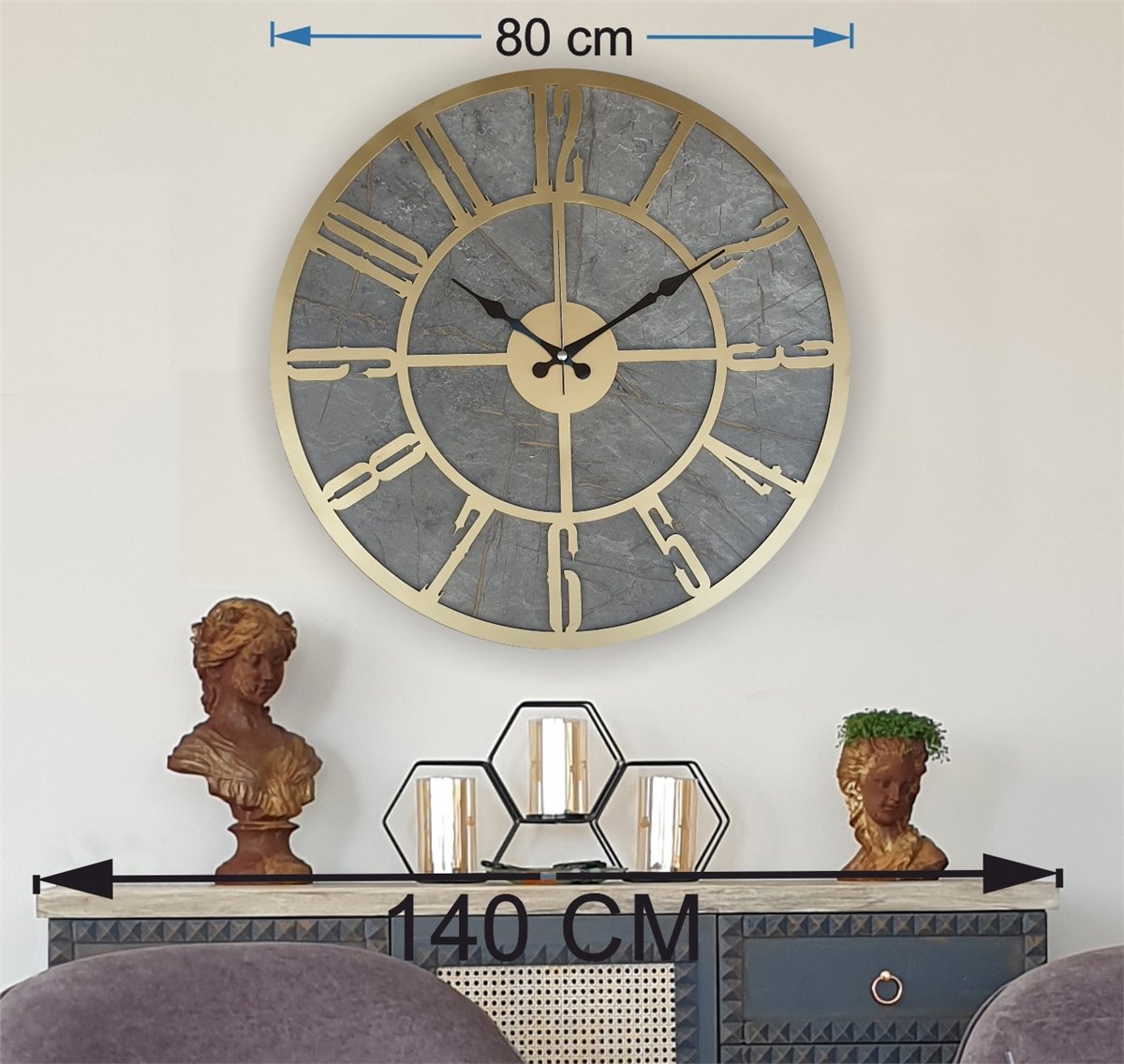 Markakanvas Mermer Desenli  Duvar Saati  Çap 50 cm-Çap 80 cm