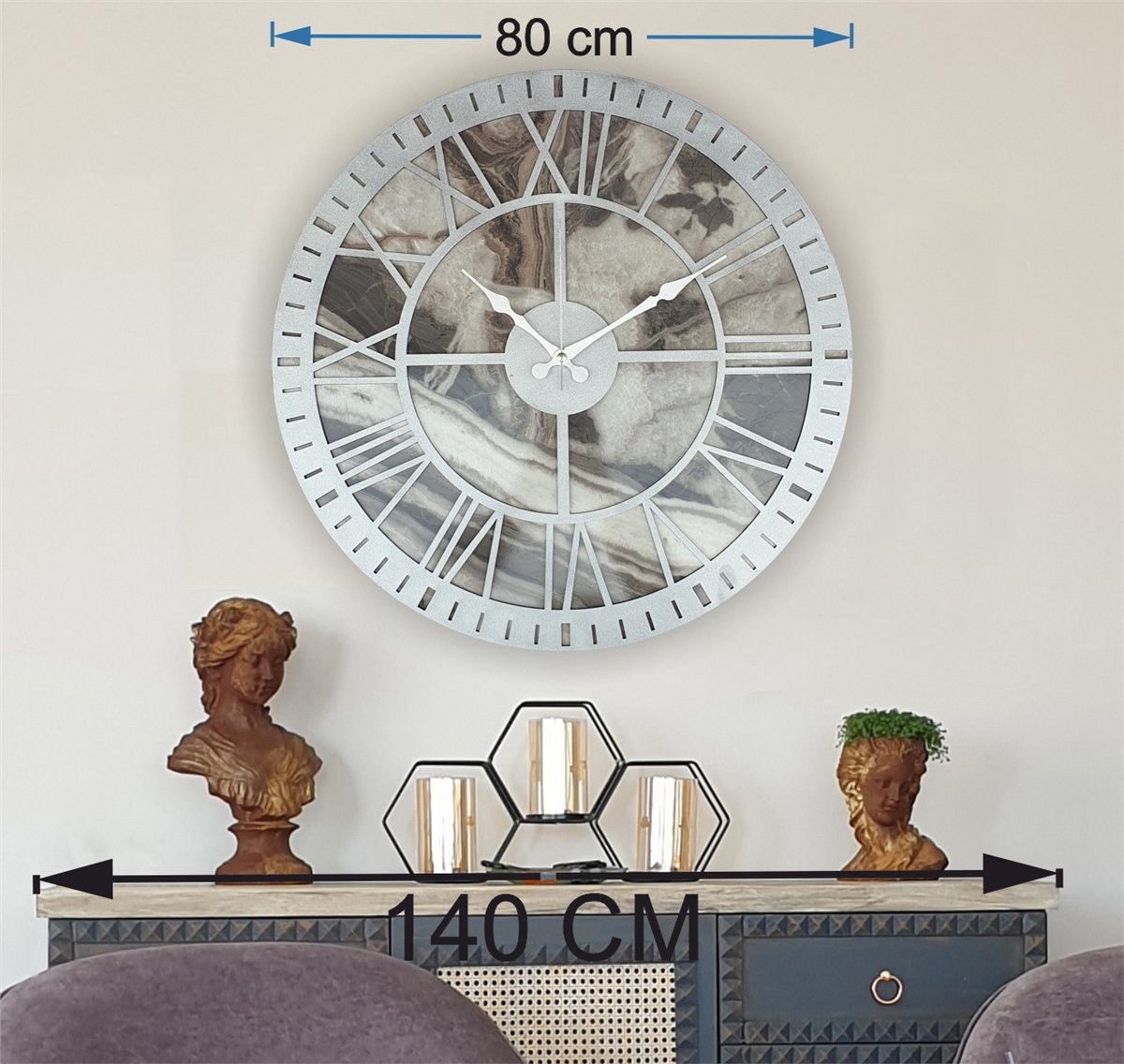 Markakanvas Mermer Desenli  Duvar Saati  Çap 50 cm-Çap 80 cm