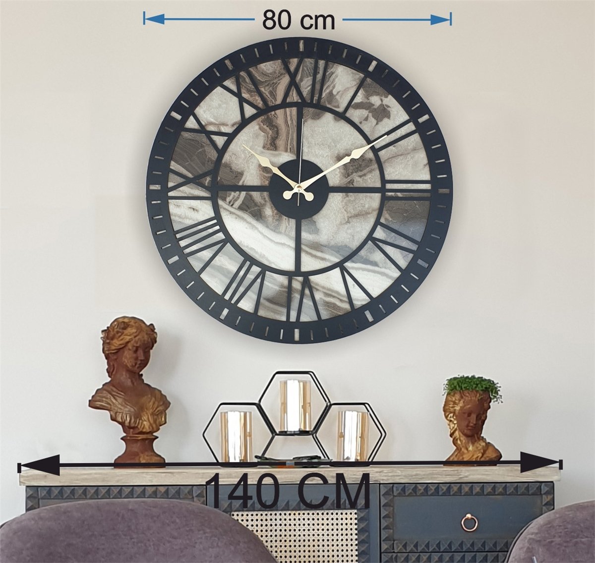Markakanvas Mermer Desenli  Duvar Saati  Çap 50 cm-Çap 80 cm