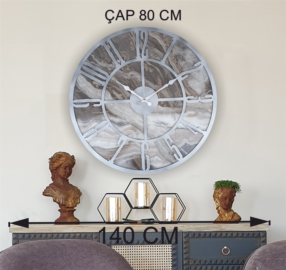 Markakanvas Mermer Desenli  Duvar Saati  Çap 50 cm-Çap 80 cm