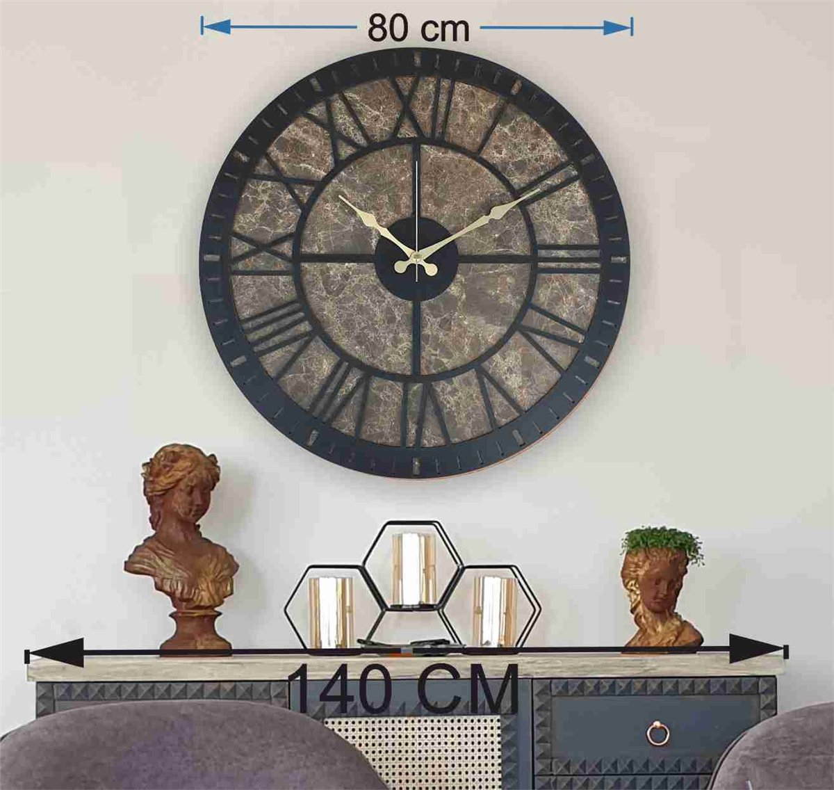 Markakanvas Mermer Desenli  Duvar Saati  Çap 50 cm-Çap 80 cm