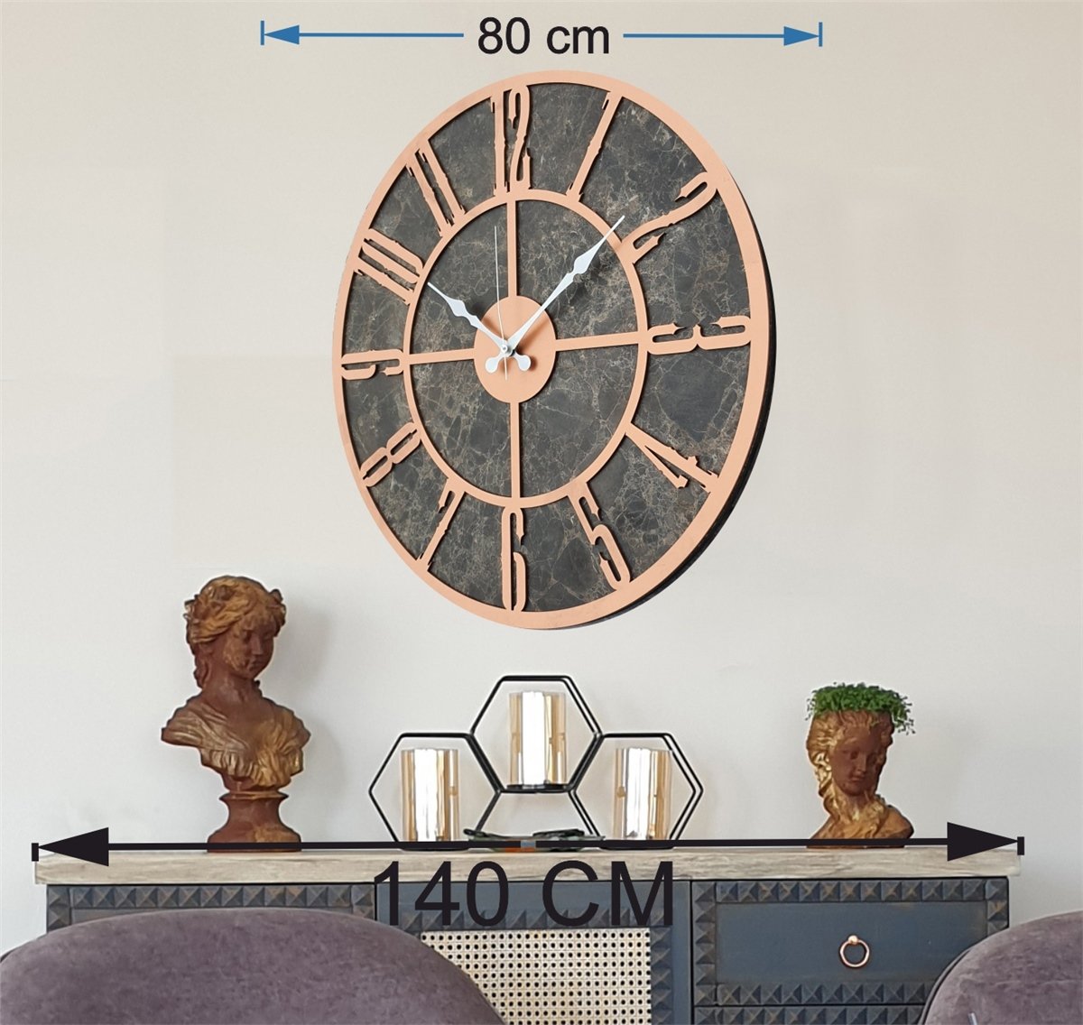 Markakanvas Mermer Desenli  Duvar Saati  Çap 50 cm-Çap 80 cm