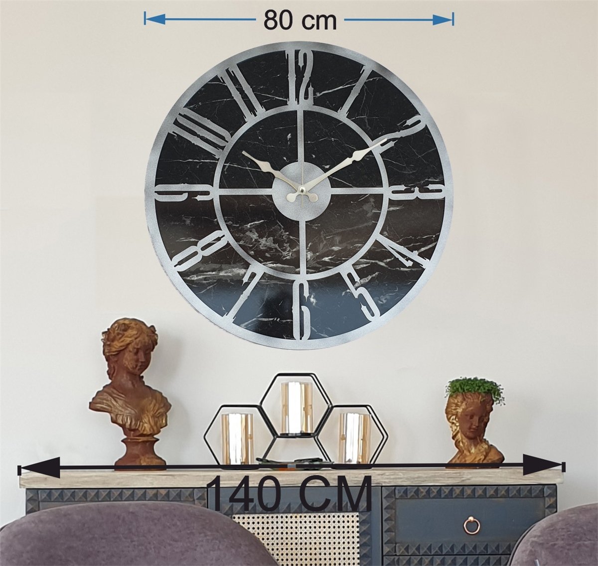 Markakanvas Mermer Desenli  Duvar Saati  Çap 50 cm-Çap 80 cm