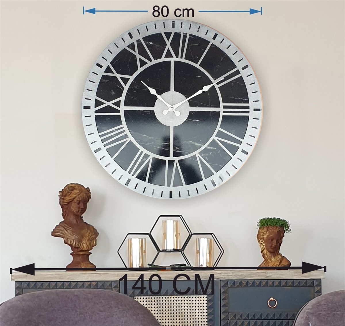 Markakanvas Mermer Desenli  Duvar Saati  Çap 50 cm-Çap 80 cm