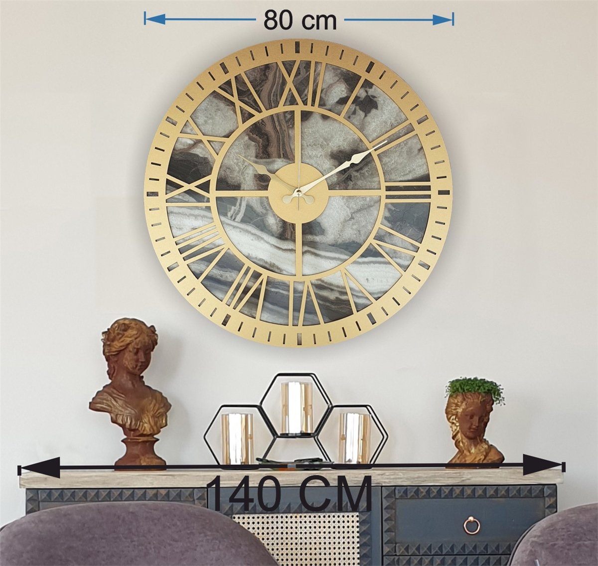 Markakanvas Mermer Desenli  Duvar Saati  Çap 50 cm-Çap 80 cm