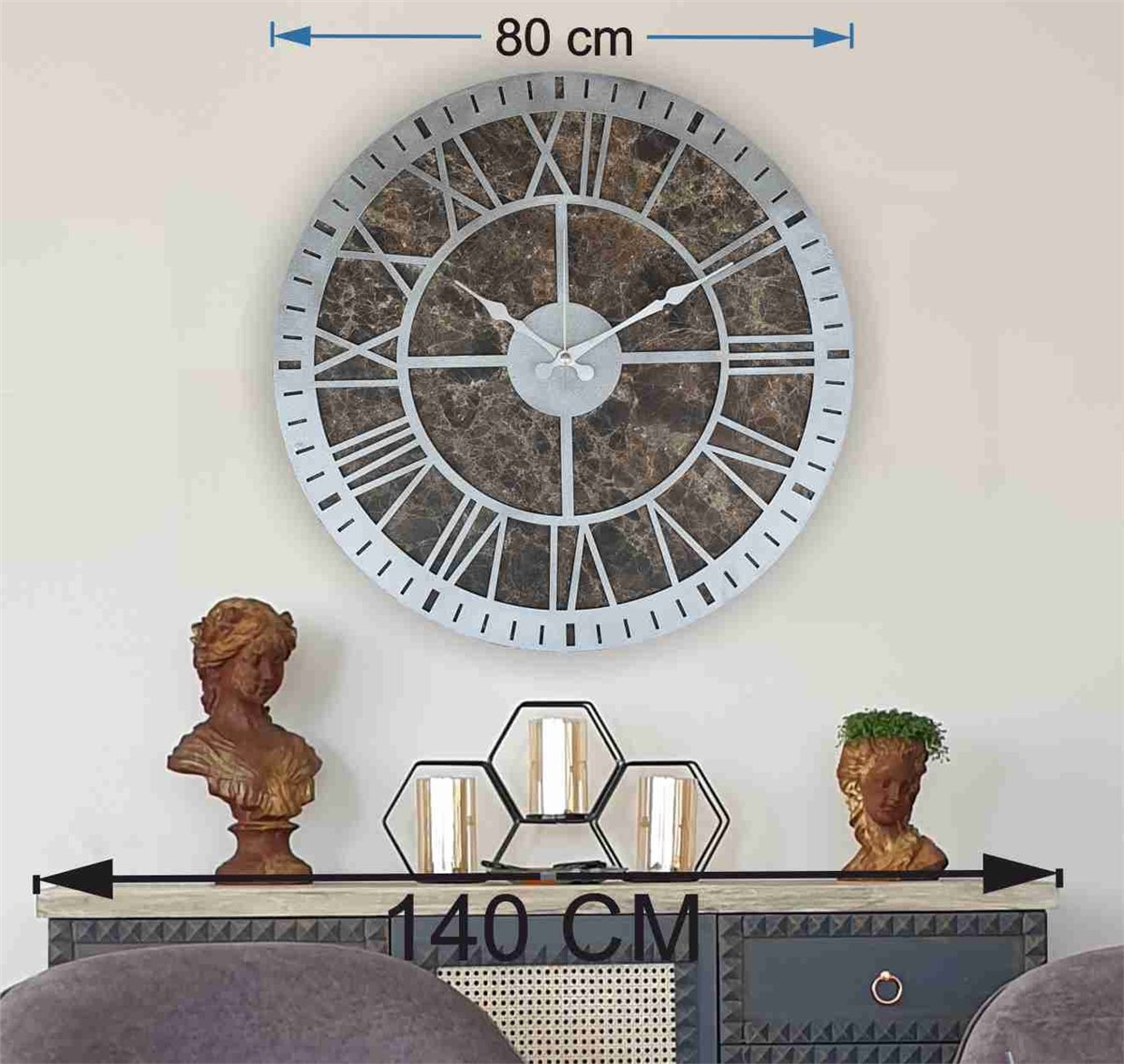 Markakanvas Mermer Desenli  Duvar Saati  Çap 50 cm-Çap 80 cm