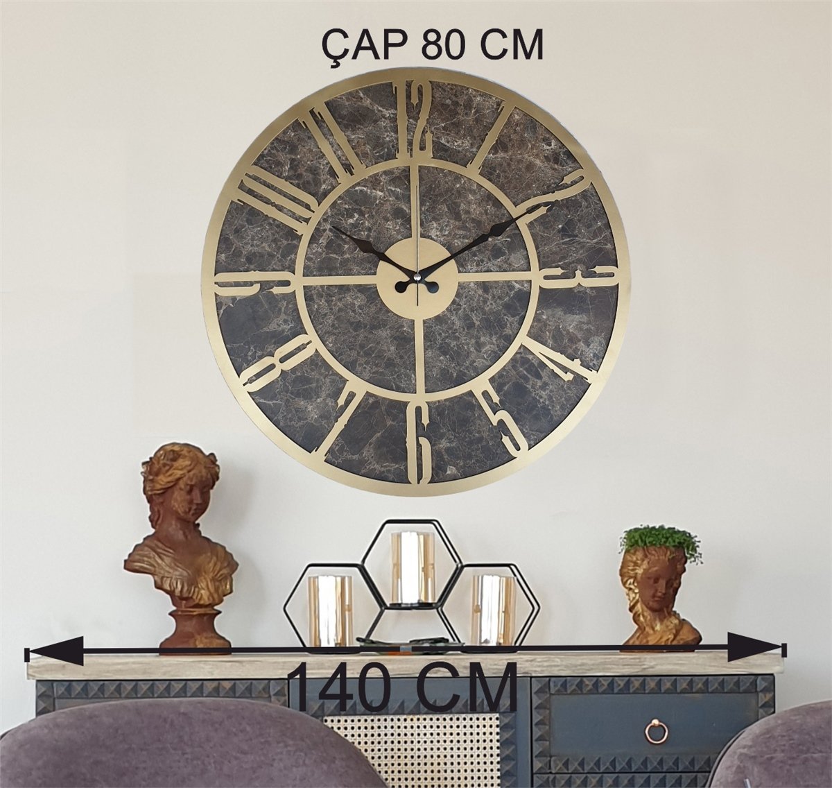 Markakanvas Mermer Desenli  Duvar Saati  Çap 50 cm-Çap 80 cm